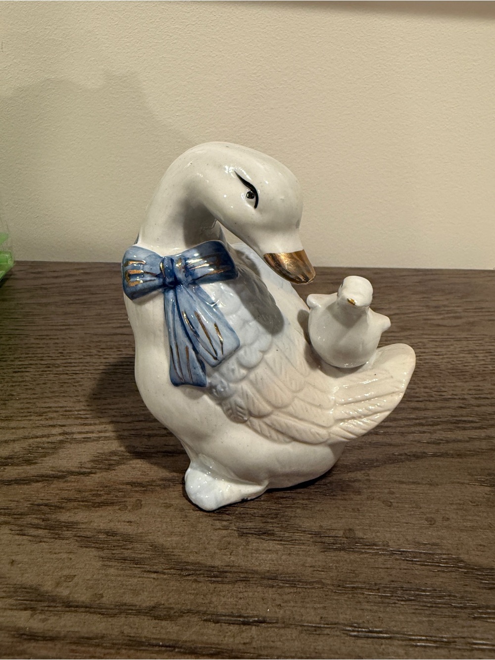 Ceramic Vintage Mother Goose Porcelain Duck & Duckling, Gold & Blue CottageCore